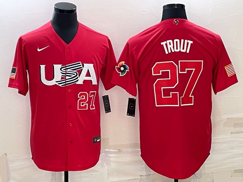 Men 2023 World Cub USA 27 Trout Red Nike MLB Jersey